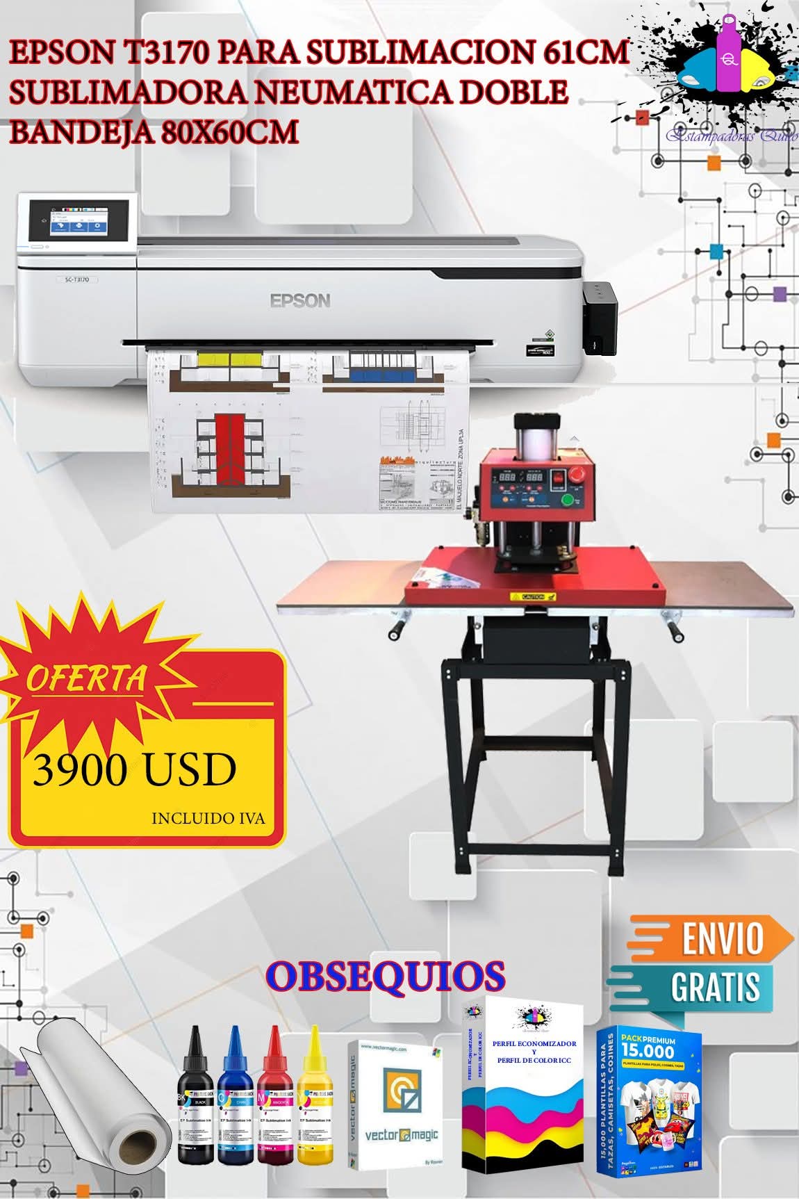 EPSON T3170 para sublimación 61cm sublimadora nuematica doble bandeja 80x60cm