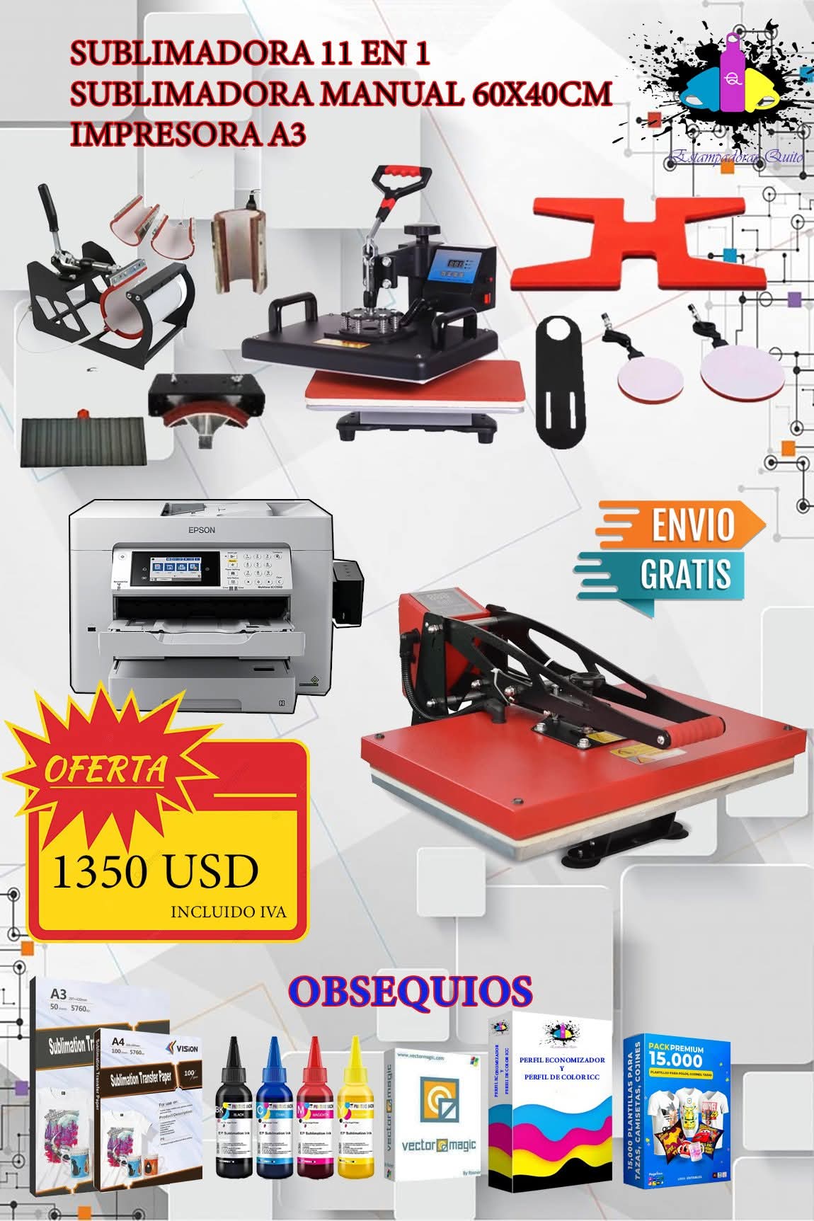 Sublimadora 11 en 1. Sublimadora manual 60x40cm. Impresora A3