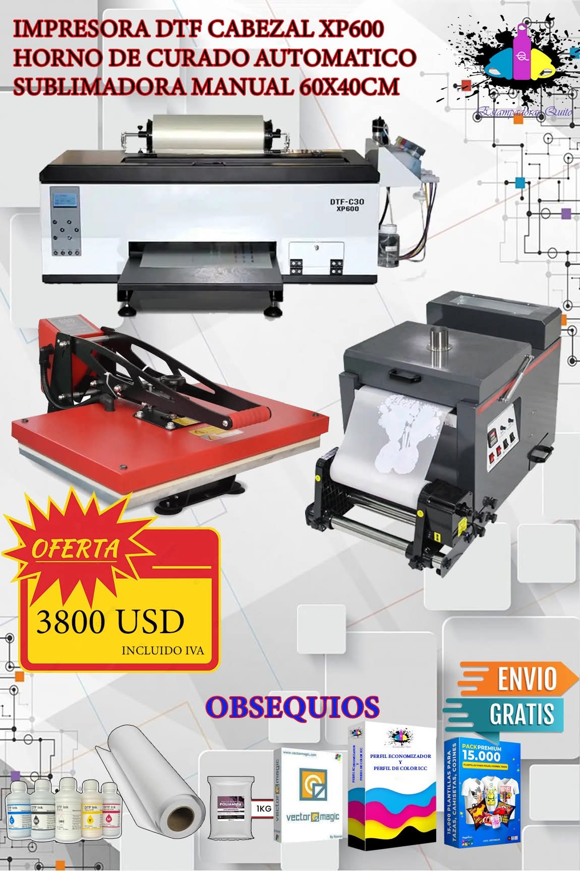 Impresora DFT cabezal XP600.Horno de curado automático. Sublimadora manual 60x40cm
