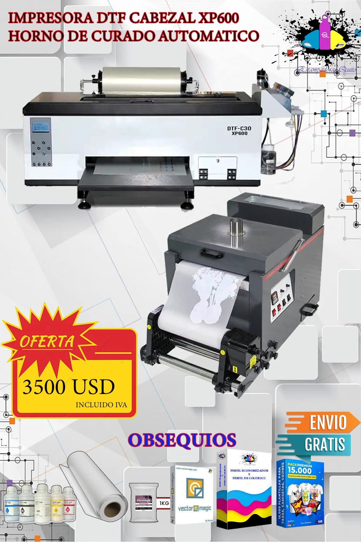 Impresora DFT cabezal XP600. Horno de curado automático