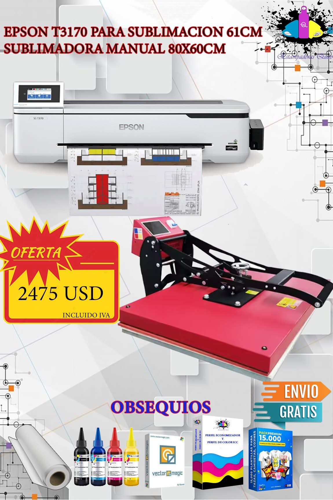 EPSON T3170 para sublimación 61cm. Sublimadora manual 80x60cm