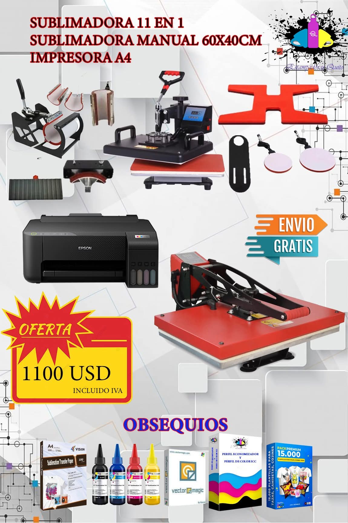 Sublimadora 11 en 1. Sublimadora manual 60x40cm. Impresora A4.