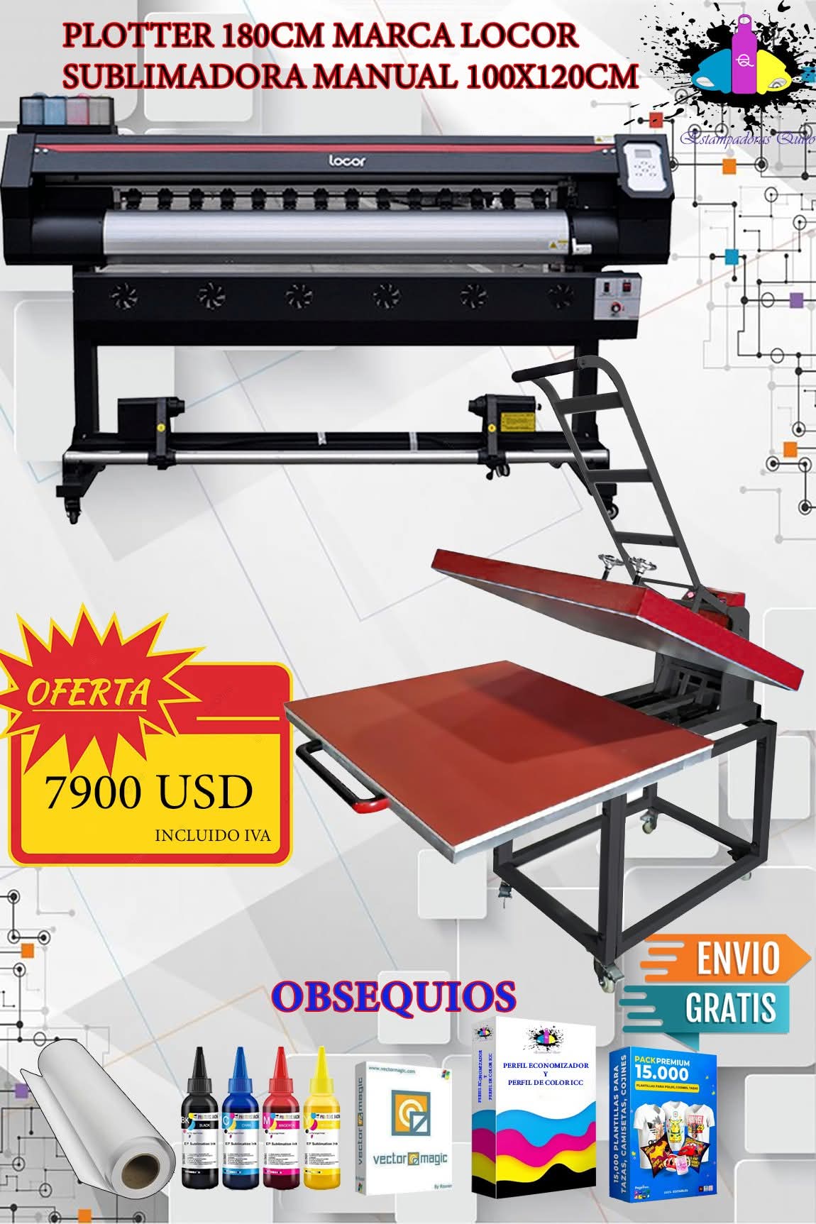 Plotter 180cm marca LOCOR.Sublimadora Manual 100x120cm