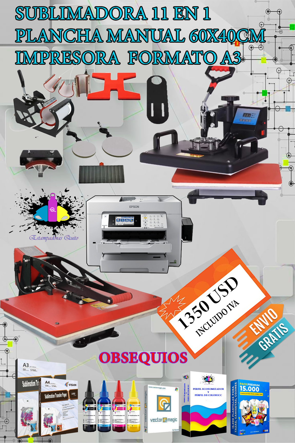 SUBLIMADORA 11 EN 1 MAS SUBLIMADORA 60X40CM MAS IMPRESORA FORMATO A3