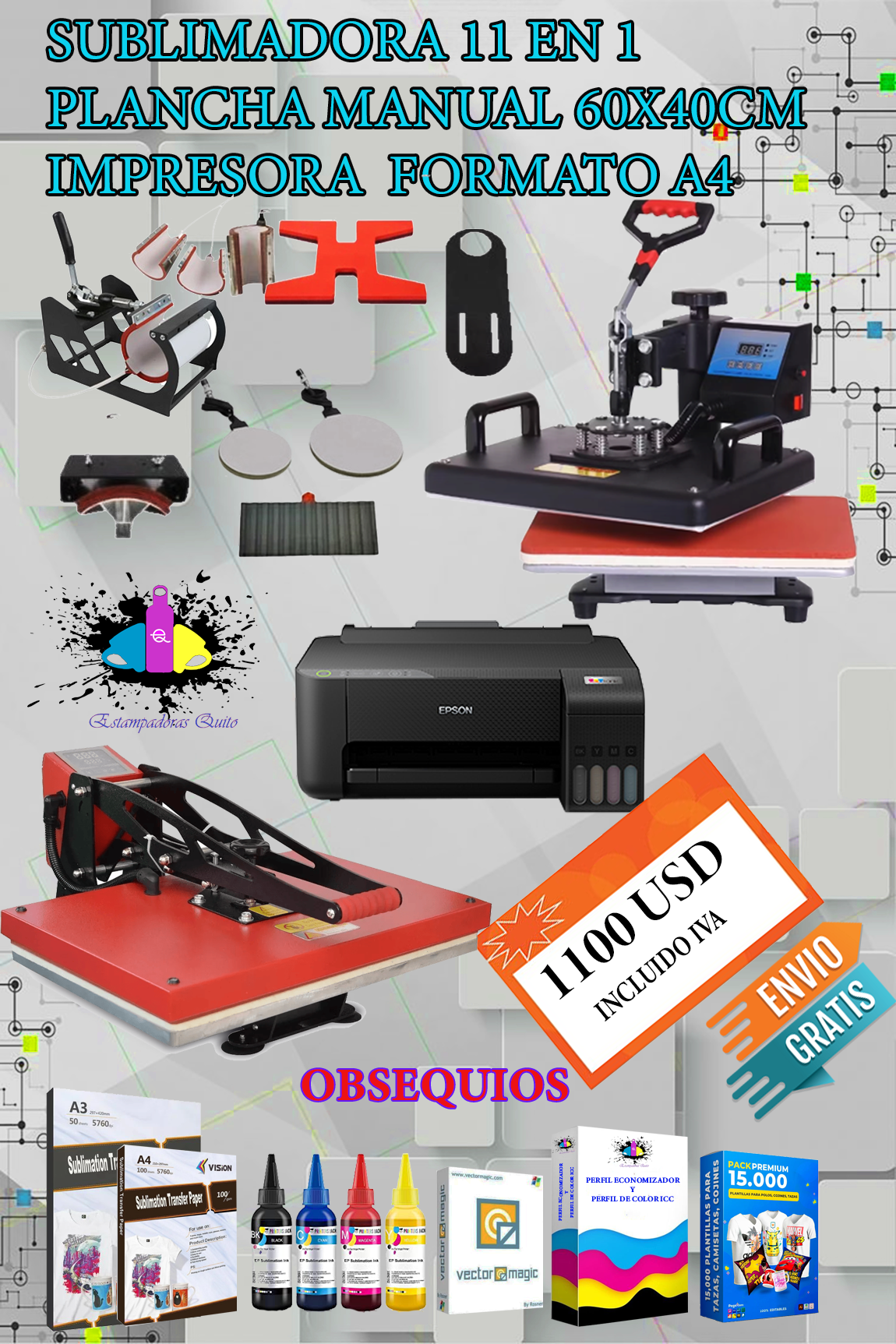 SUBLIMADORA 11 EN 1 MAS SUBLIMADORA 60X40CM MAS IMPRESORA FORMATO A4