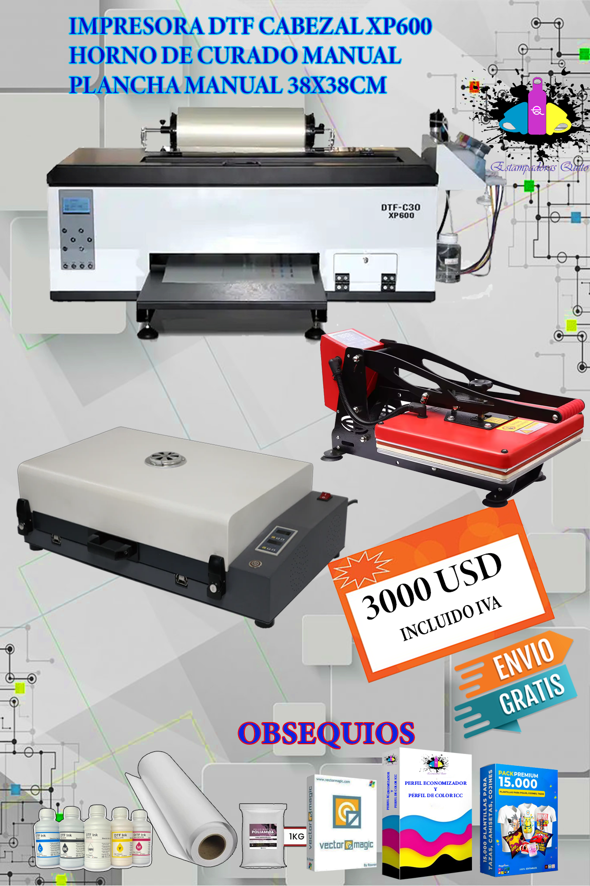 IMPRESORA DTF CABEZAL XP600 MAS HORNO MANUAL, PLANCHA MANUAL DE 38X38CM