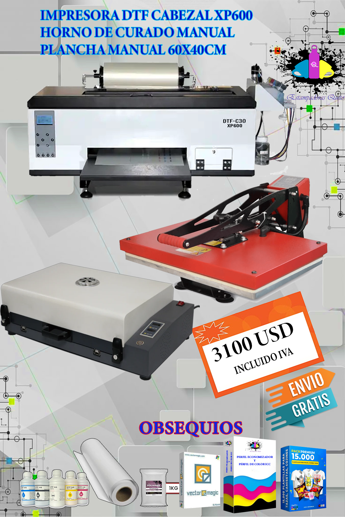 IMPRESORA DTF CABEZAL XP600 MAS HORNO MANUAL, PLANCHA MANUAL DE 60X40CM