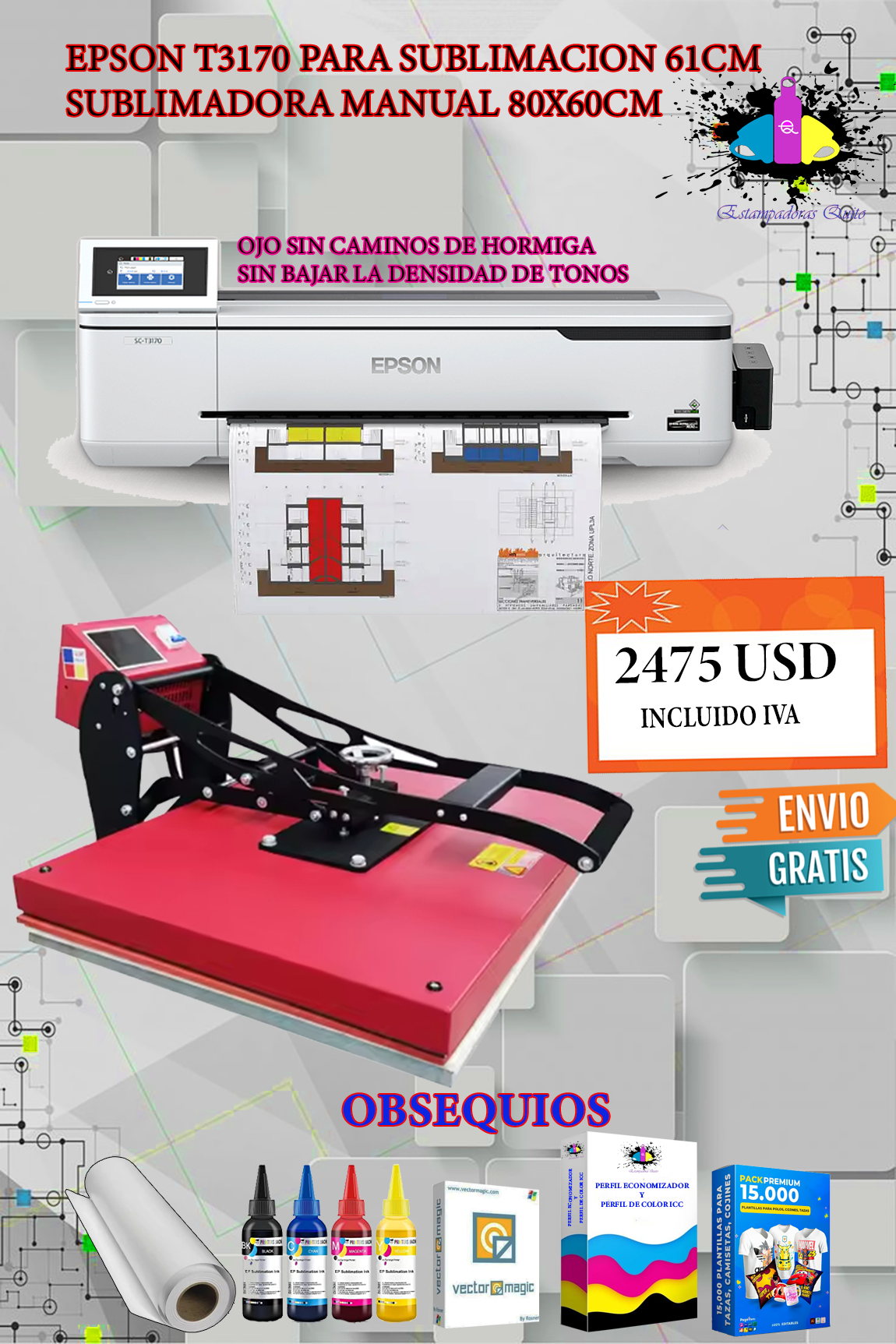 EPSON T3170 PARA SUBLIMACION 61CM MAS SUBLIMADORA MANUAL 80X60CM