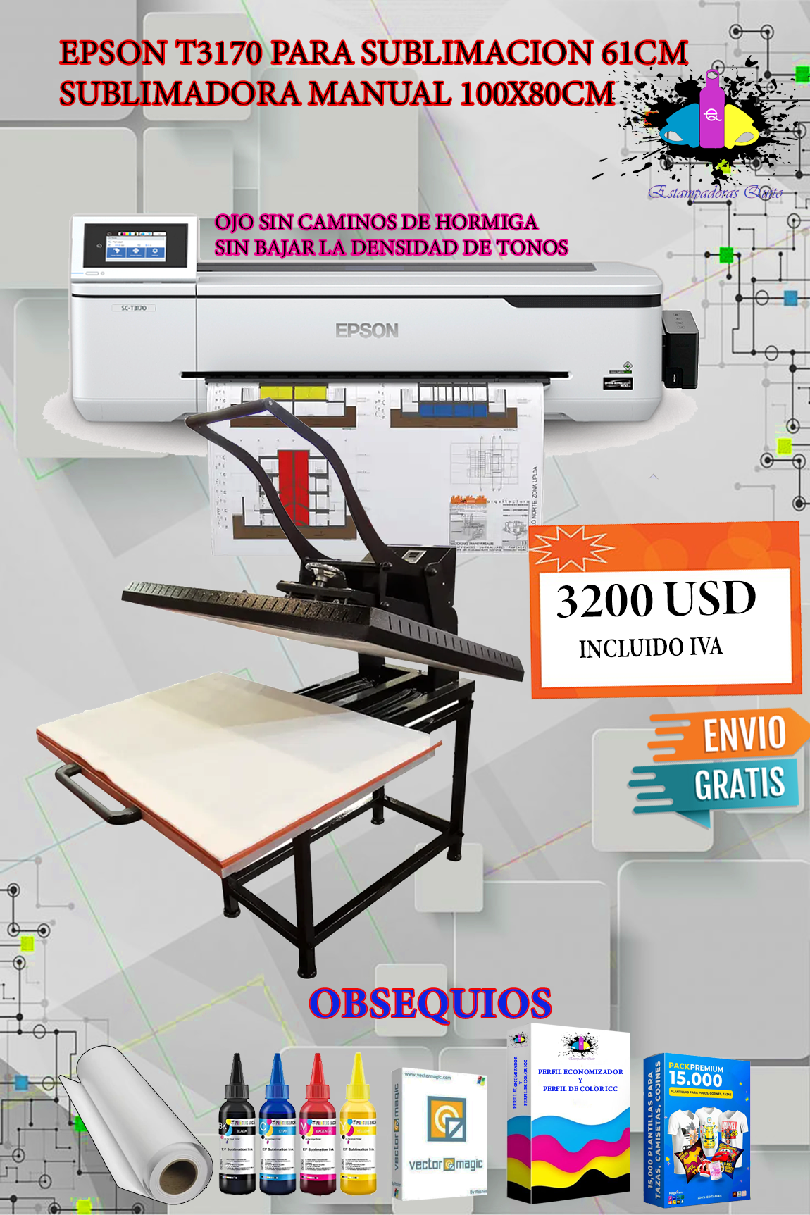 EPSON T3170 PARA SUBLIMACION 61CM MAS SUBLIMADORA MANUAL 100X80CM