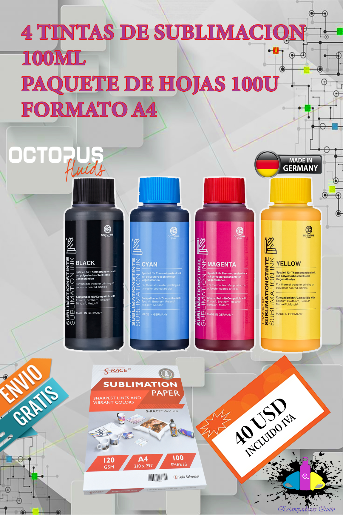 JUEGO DE TINTAS DE SUBLIMACION 100ML GRATIS PAQ DE HOJAS A4
